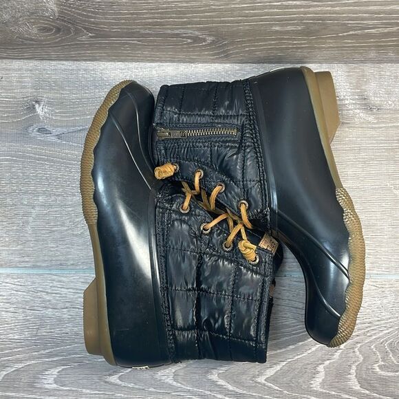 Sperry Top Sider Saltwater Black Quilted Women’s Sz 8 Tan Rubber Rain Duck Boots - Picture 10 of 11
